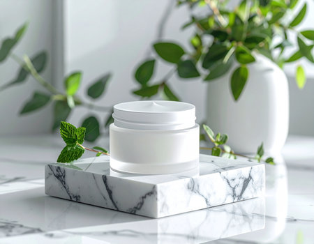 Cosmetic cream in a jar on a marble podium with green leavesの素材