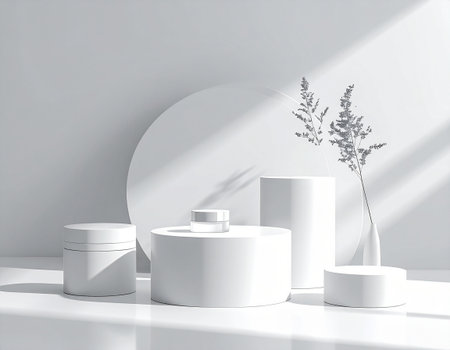 3d render of white podium for product presentation, mock up.の素材
