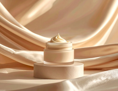 Cosmetic cream in a jar on a beige satin backgroundの素材