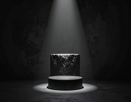 3d rendering of a black podium in the dark room with a spotlightの素材