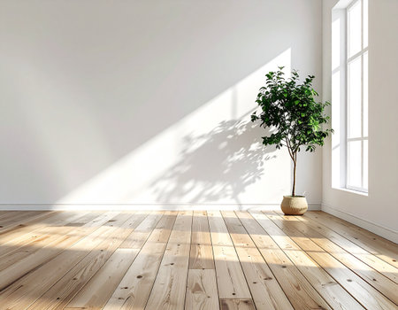 Empty room with a tree in a pot. 3D rendering.の素材
