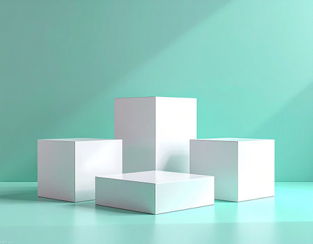 3D render of three white podiums on a green background.の素材