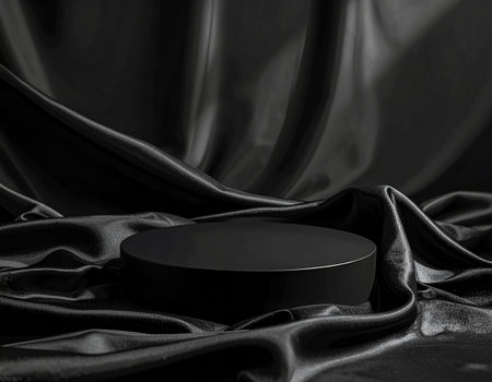 Black matte podium on black silk background. 3d render illustration.の素材
