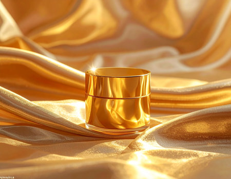 golden cream in a glass jar on a golden satin backgroundの素材