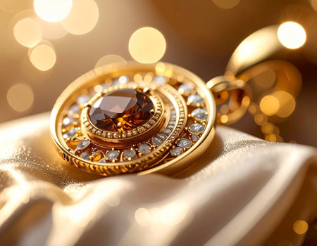 Jewelry on gold background with bokeh, close upの素材