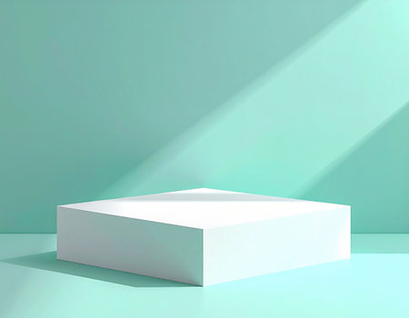 White pedestal on a green background. 3d rendering, 3d illustrationの素材