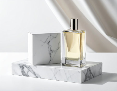 Perfume bottle on white marble podium. 3d render.の素材