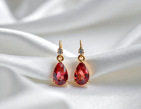 jewelry earrings with red ruby on white satin backgroundの素材