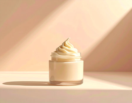 Cosmetic cream in a glass jar on a pastel background.の素材