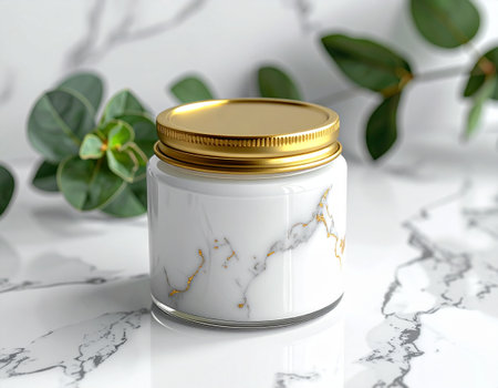Mockup of white cosmetic jar with golden lid on white marble background. 3d renderingの素材