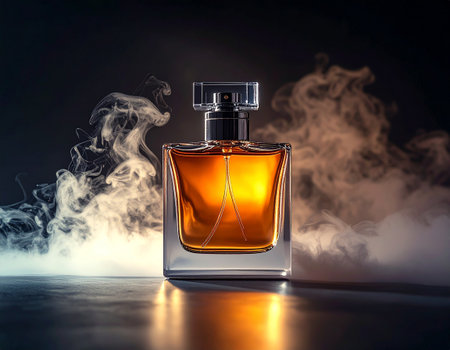 Perfume bottle with smoke on dark background. 3d renderingの素材