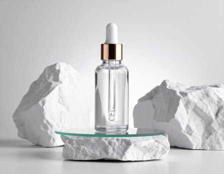 Glass dropper bottle with serum or essential oil on white background. Beauty product conceptの素材