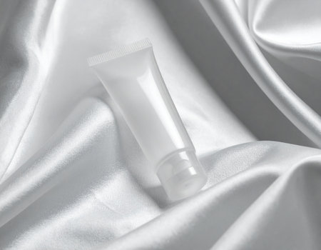 Blank cosmetic tube on white satin fabric background with copy spaceの素材