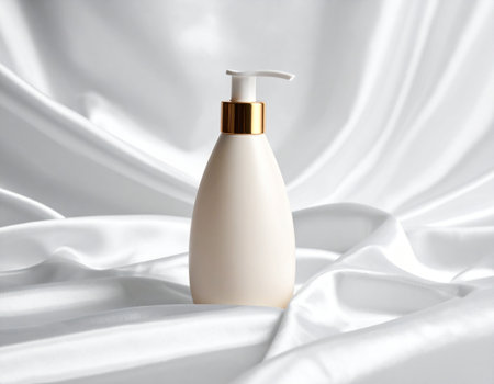 Blank cosmetic bottle on white satin background, 3d renderの素材