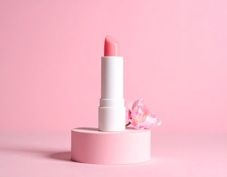 Lipstick on podium with blossom on color background, closeupの素材