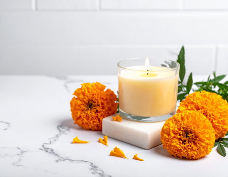 Marigold flowers and burning candle on white marble background. Selective focus.の素材