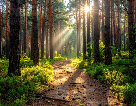 Sunset or sunrise in the pine forest. The rays of the sun make their way through the trees.の素材