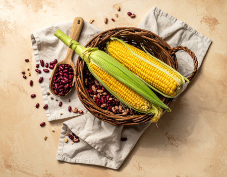 Basket with corn and beans on grunge background, top viewの素材