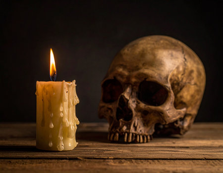 Human skull with candle on wooden background. Halloween and horror concept.の素材