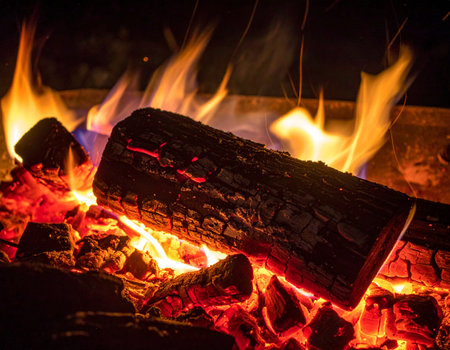 Burning firewood in a campfire, closeup of photoの素材