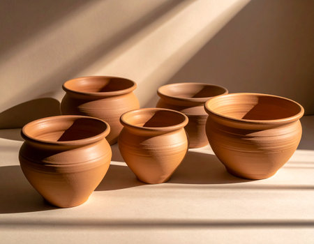 Clay pots on a light background with shadows. Horizontal.の素材