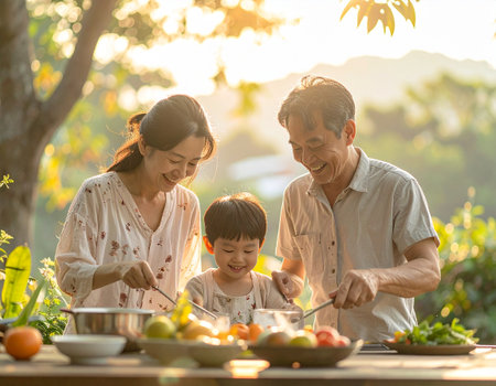 Happy asian family cooking together in the garden at sunset time.の素材