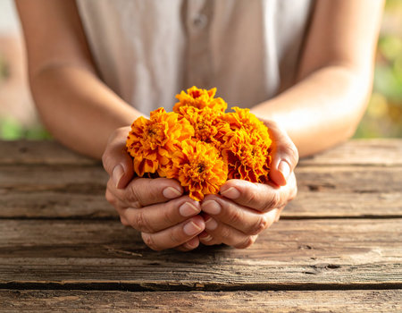 Marigold flowers in woman's hands on wooden table, closeupの素材