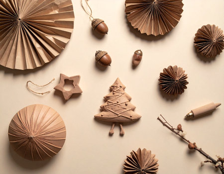 Christmas tree and decoration on a beige background. Flat lay.の素材