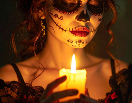 Beautiful woman with sugar skull makeup holding burning candle in dark roomの素材