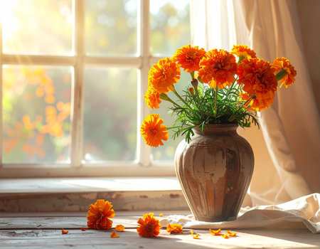 Vase with beautiful marigold flowers on windowsill at morningの素材