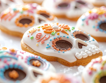 cookies with sugar skull and colorful icing for halloween partyの素材