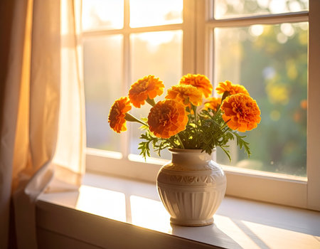 Marigold flowers in vase on window sill. Home interiorの素材