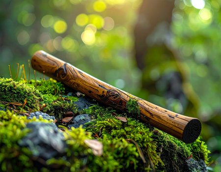 Wooden katana sword on mossy rock in the forest.の素材