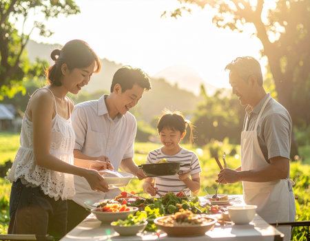 Happy family having dinner together in the garden at sunset time. Asian peopleの素材