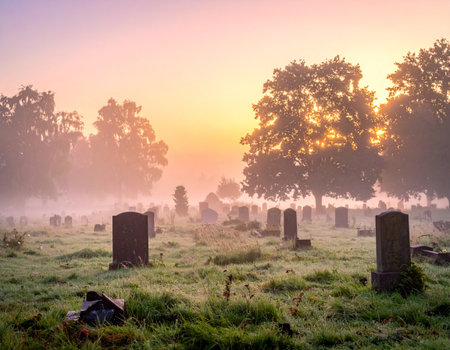 Gravestones in a graveyard at sunrise with mist in the backgroundの素材