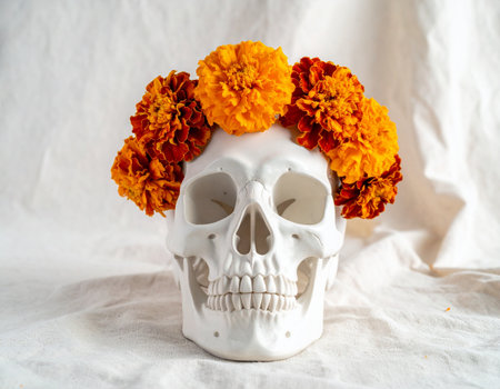 Skull with marigold flowers on white background, halloween conceptの素材