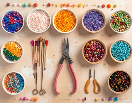 Colorful beads in bowls and tools on light background, top viewの素材