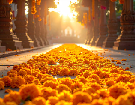 Marigold flowers on the ground at the temple, Thailand.の素材