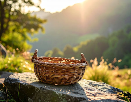 Wicker basket on a stone against the background of the setting sunの素材