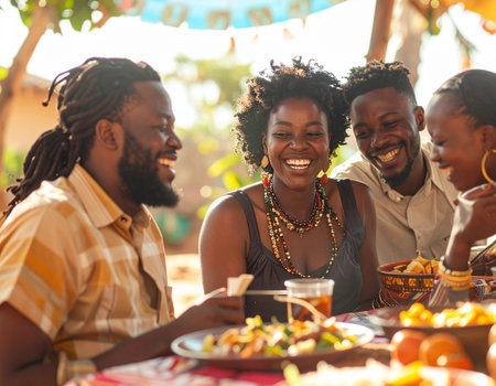Group of happy african american friends sitting at table and eating food.の素材