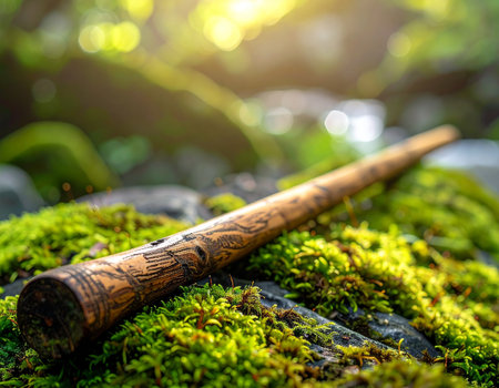 Old bamboo stick on green moss with sunlight and bokeh backgroundの素材