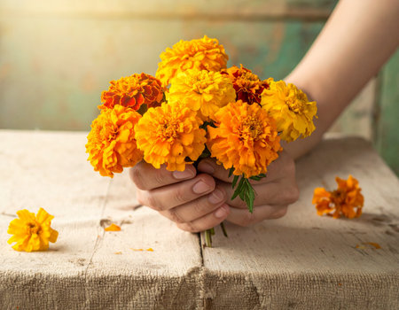 bouquet of marigold flowers in hand on wooden tableの素材
