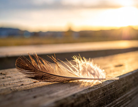 feather on a wooden table in the rays of the setting sunの素材
