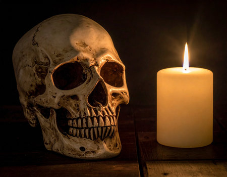 Human skull with candle on wooden table and dark background. Halloween concept.の素材