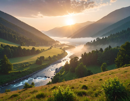 Foggy morning on the river in the Carpathian mountainsの素材