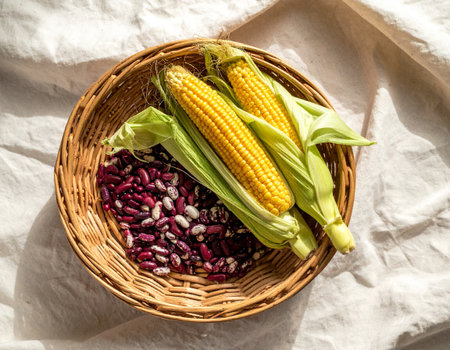 Corn and beans in a wicker basket on a white background.の素材