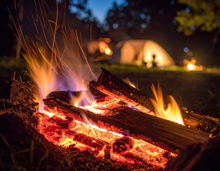 Camping bonfire at night in the forest. Camping conceptの素材