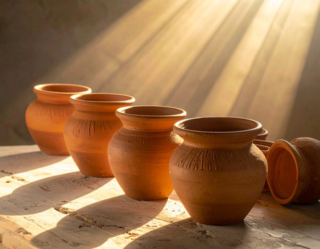 clay pots on a table in the rays of the sun.の素材