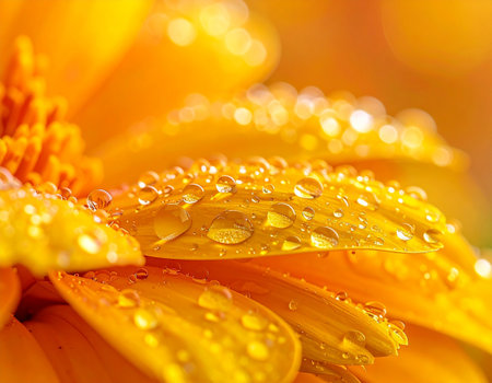 Macro of yellow gerbera flower with water drops on petalsの素材
