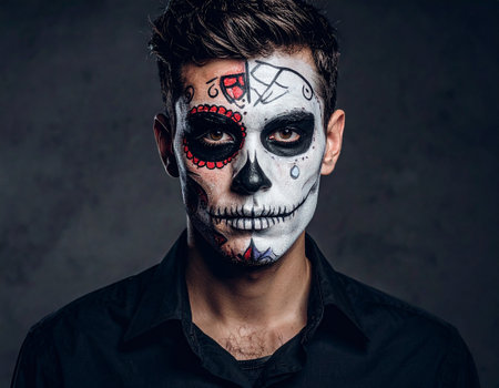 Portrait of a handsome young man with skull makeup over dark background.の素材